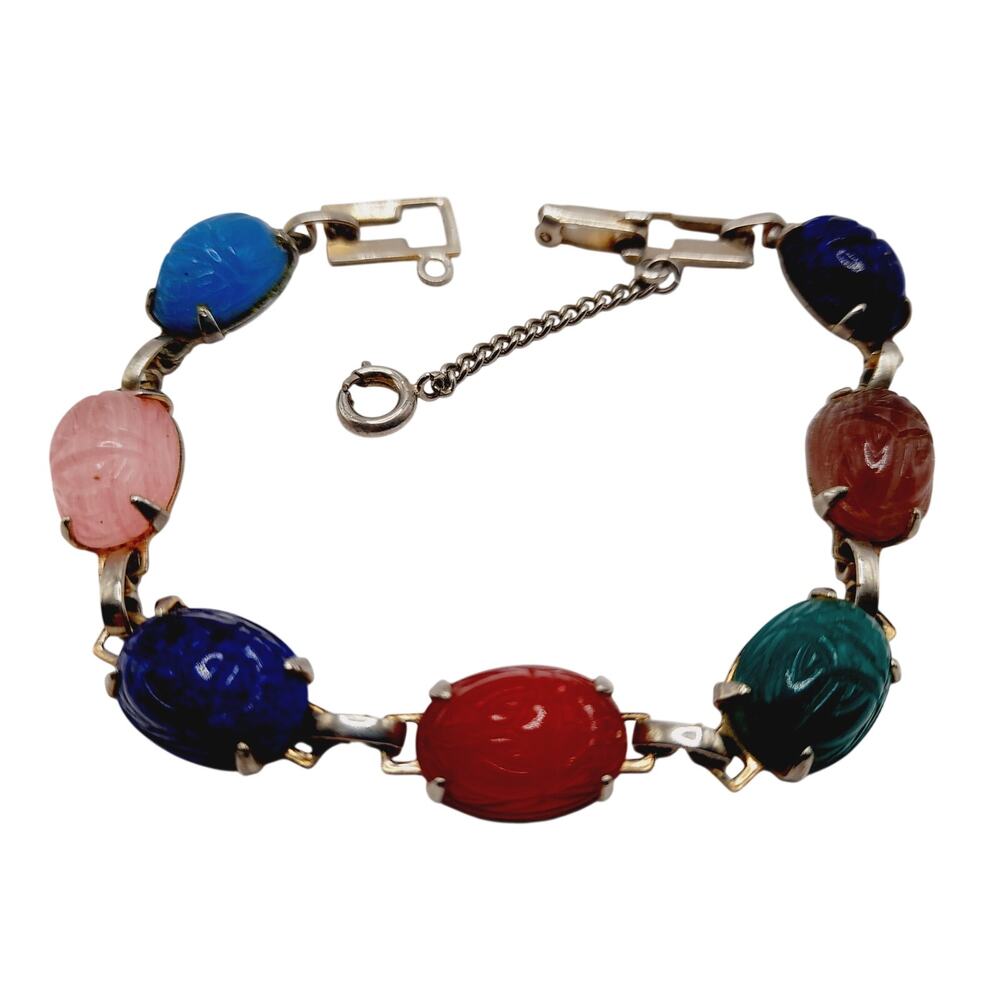 Vintage Egyptian Revival Scarab Gemstone Bracelet Gold Tone 7.5 Inch